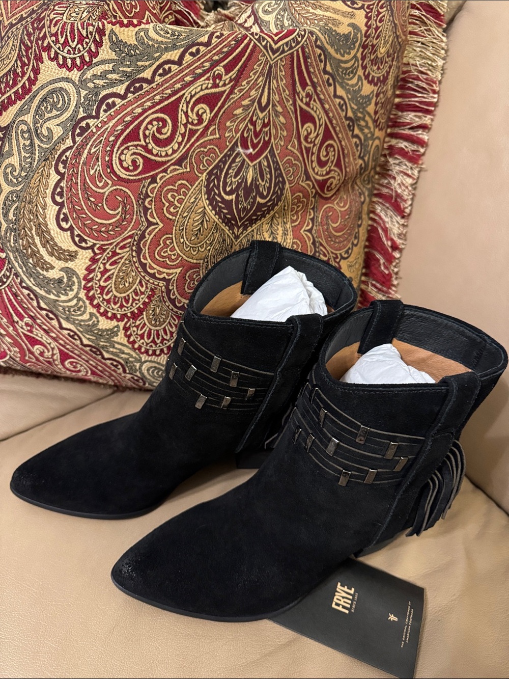 Frye Black Suede Ankle Boots with Fringe and Strap Detail